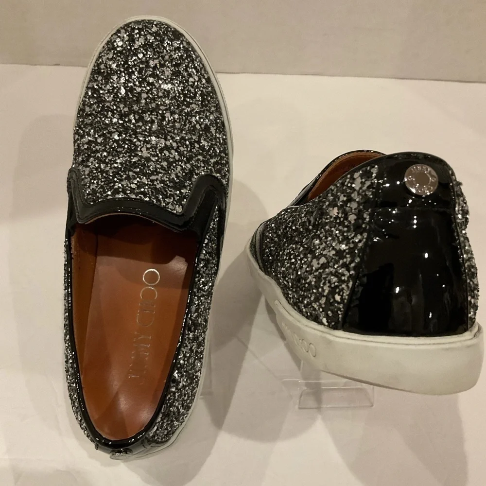 Jimmy Choo Demi Coarse Glitter Slip-Ons Sneakers Black and Silver - Picture 8 of 15